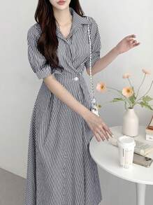 INAWLY 女式夏季休闲条纹腰中长连衣裙