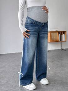SHEIN Jeans droits décontractés amples pour femmes enceintes avec nœud à la taille