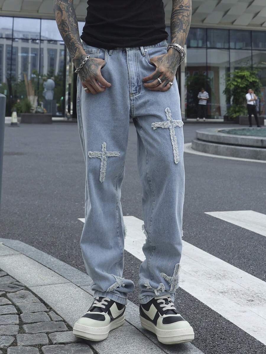 Manfinity EMRG Pantalones vaqueros rectos y sueltos casuales con bolsillos parche cruzados para hombres - Lavado ligero - Ver 1