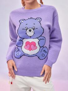 SHEIN X Care Bears Women's Cute Cartoon Bear Pattern Drop Shoulder Loose Sweater,Good Luck Bear For Winter And Fall - Purple - View 1