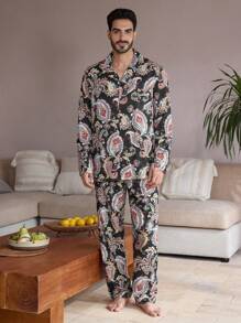 Manfinity ChillVibe Men's Paisley Print Long Sleeve Pajama Set - Multicolor - View 7