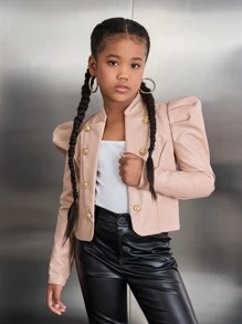 SHEIN Tween Girls Loose Fit School Uniform Style Stand Collar Raglan Sleeve Jacket,In Fall/Winter - Khaki - View 2