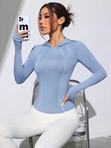 女式纯色简约日常基本款连帽衫，带拇指孔，秋季运动衫 - 藍色 - 查看 1