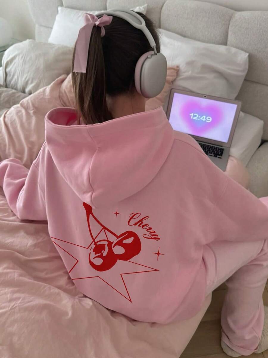 Muchica 女款樱桃图案宽松长袖抽绳加厚连帽衫，适合秋冬季 - 淺粉色 - 查看 1