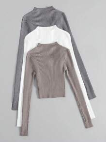Franclia Suéter de tejido de punto acanalado de unicolor de manga larga para mujer, para otoño/invierno, parte superior de manga larga - Multicolor - Ver 6