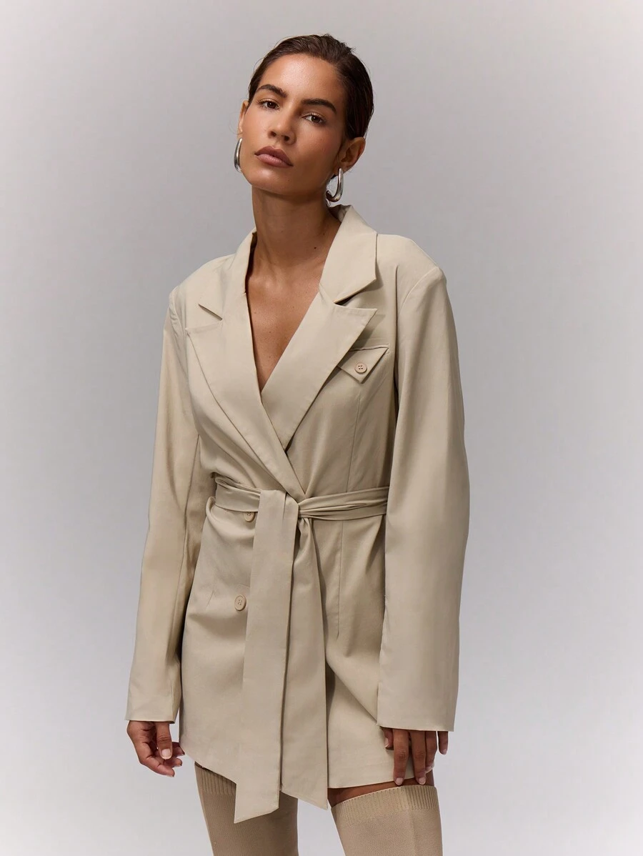 MUSERA Váy blazer buộc nơ cổ điển thanh lịch cho công sở, mùa hè, mùa xuân, kỳ nghỉ, tiệc tốt nghiệp, tiệc cưới, tiệc sinh nhật, kỳ nghỉ - Màu be - Xem 1