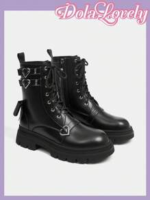 Dola Lovely 女士时尚优雅休闲圆头黑色系带心形扣蝴蝶结经典英伦机车厚底靴 - 黑色 - 查看 3