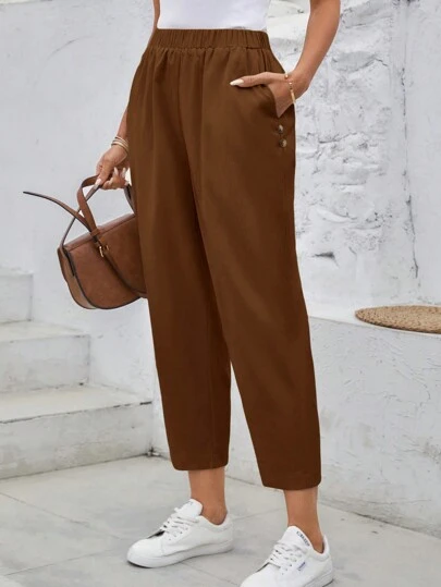 EMERY ROSE 女士松紧腰带口袋休闲裤夏季长裤