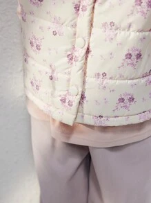 Blossori Young Girls French Elegant Beige Micro-Ditsy Floral Woven Fitted Round Neck Sleeveless Coat, Autumn/Winter - Apricot - View 3
