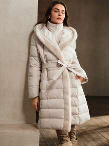 Anewsta Thick Fur Collar Mid-Length Versatile Women Jacket - Beige - View 1