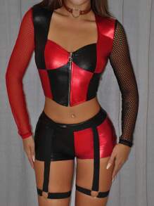 SHEIN ICON 紧身版型红色 & 黑色对比色鱼网拼接女式 T 恤 - 紅色 - 查看 5