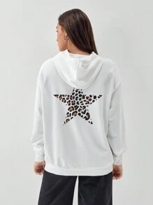 Flirla 1pc Women Casual White Hoodie With Leopard Print And Star Pattern, Long Sleeve Sweatshirt, Autumn/Winter