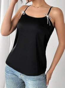 Chiquease Shiny Satin Crystal Bowknot Decor Camisole