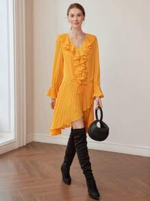 MOTF PREMIUM RUFFLE TRIM PLEATED FLOWY DRESS - Red - View 2