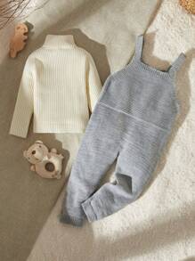 男婴高领针织底层围兜和有线裤套装 - 灰色 - 查看 2