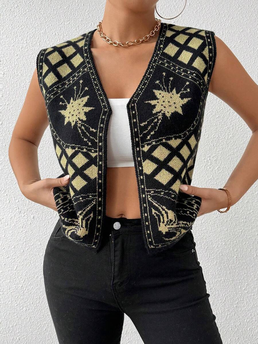 Chiquease French Fashion Versatile Diamond Grid Knitted Vest - Multicolor - View 1