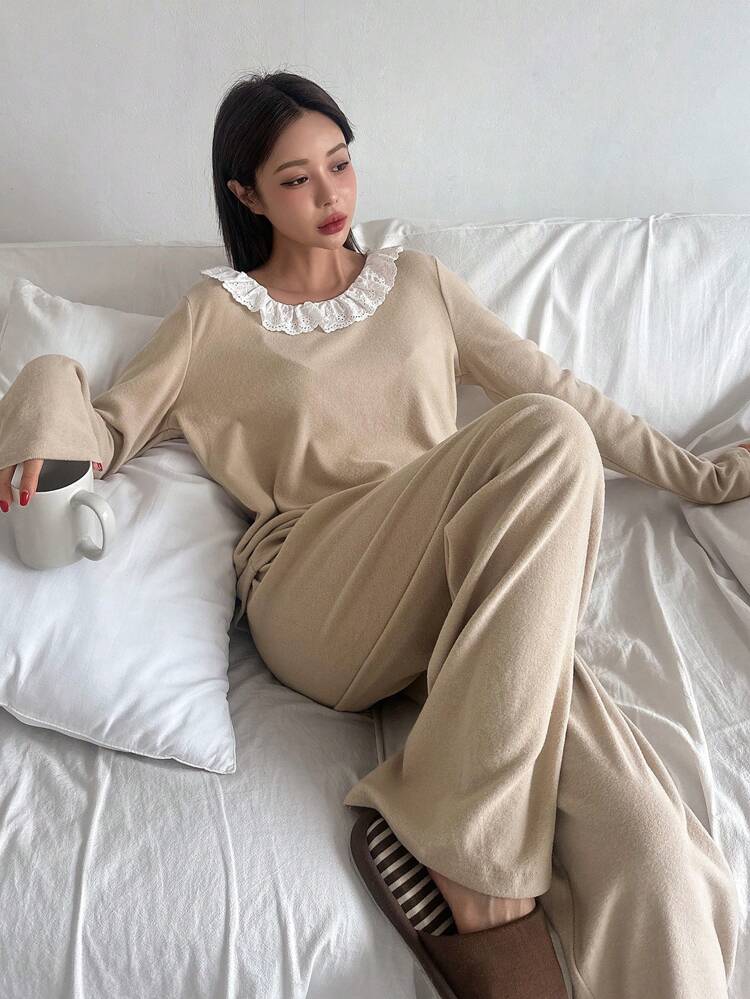Lovely Floral Trim Simple Sleepwear Set Fall,Winter Pajama
