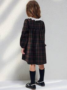 Blossori 年轻女孩优雅法式棕色格子荷叶边宽松长袖编织连衣裙，秋冬 - 棕色 - 查看 2