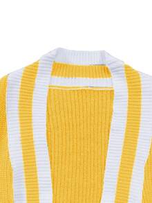 Chaqueta de punto casual de otoño de talla grande, tipo patchwork con bloqueo de color y 2 bolsillos - Amarillo - Ver 5