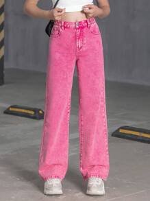 少女Y2K街头日常款弹力腰直筒牛仔裤，带平口袋，日常款 - 玫紅色 - 查看 3