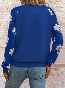 SHEIN LUNE Áo nỉ tay raglan họa tiết hoa cúc đơn giản màu xám, mùa thu - Xanh đậm - Xem 2