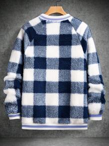 Manfinity Homme 男士纽扣式长袖时尚格子设计休闲男士夹克，秋冬男士夹克，男友礼物，珊瑚绒蓝色夹克 - 彩色 - 查看 2