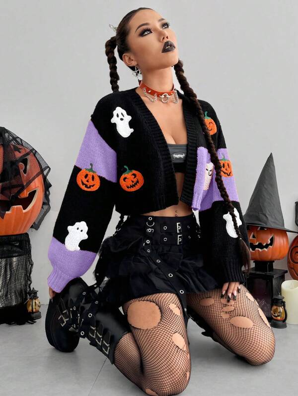 Flirla Haine cardigan cu model de dovleac de Halloween pentru femei, toamnă iarnă