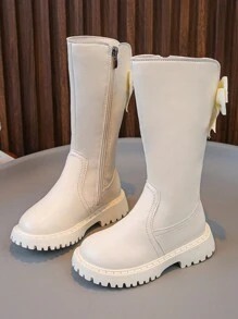 适合小女孩和女孩的可爱蝴蝶结公主靴，高帮厚底靴，保暖冬季鞋 - 米色 - 查看 5