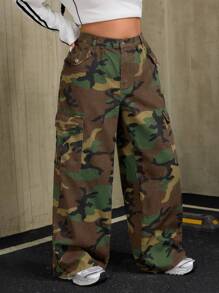 SHEIN ICON Plus Size Women Wide Leg Loose Washed Camouflage Cargo Denim Pants