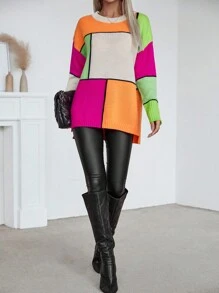 Chiquease 女士秋冬撞色圆领蝙蝠袖长袖宽松休闲毛衣 - 彩色 - 查看 7