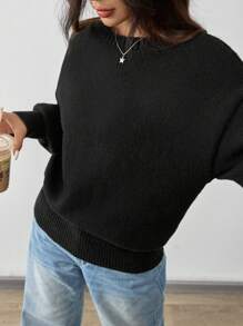 SHEIN EZwear Áo len dệt kim dáng rộng khoét vai xoắn lưng quá khổ cho nữ, màu đen, thu đông - màu đen - Xem 2