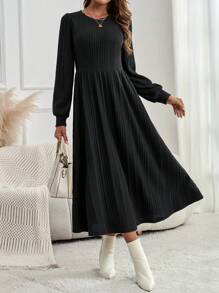 EMERY ROSE Women Spring & Summer Fall Solid Color Round Neck Long Sleeve Rib Casual Midi Winter Autumn Dress