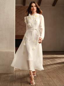 Anewsta Elegant 3D Daisy Decor Organza Long Sleeve Midi Dress With Vacation Vibe - White - View 7