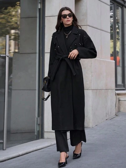 SHEIN Cottnline Collared Long Sleeve Faux Pearl Decor Lace-Up Jacket, Casual Wear