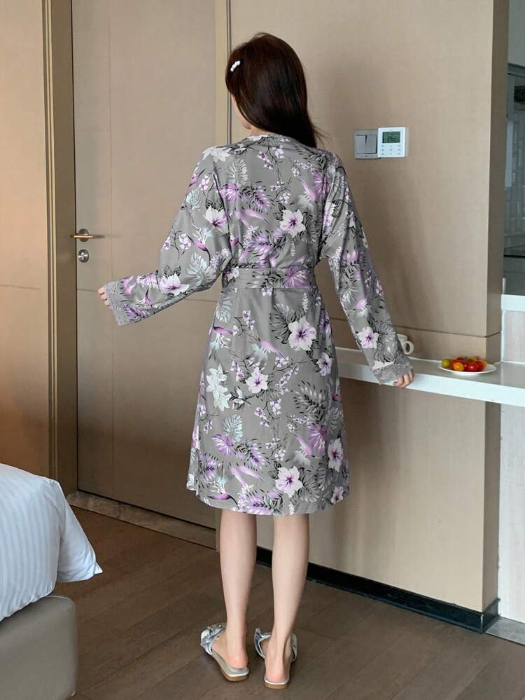 Floral Print Lace Patchwork Cami Nightgown & Robe 2-Piece Pajama Set