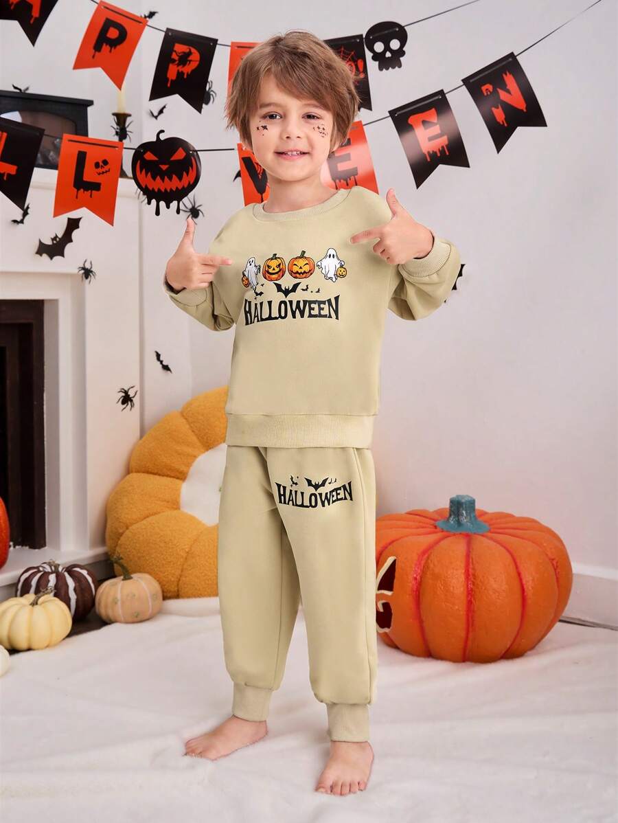 SHEIN Bộ 2 áo chui đầu in họa tiết bí ngô và ma cho bé trai và quần thể thao, Halloween 2024 - Màu be - Xem 1