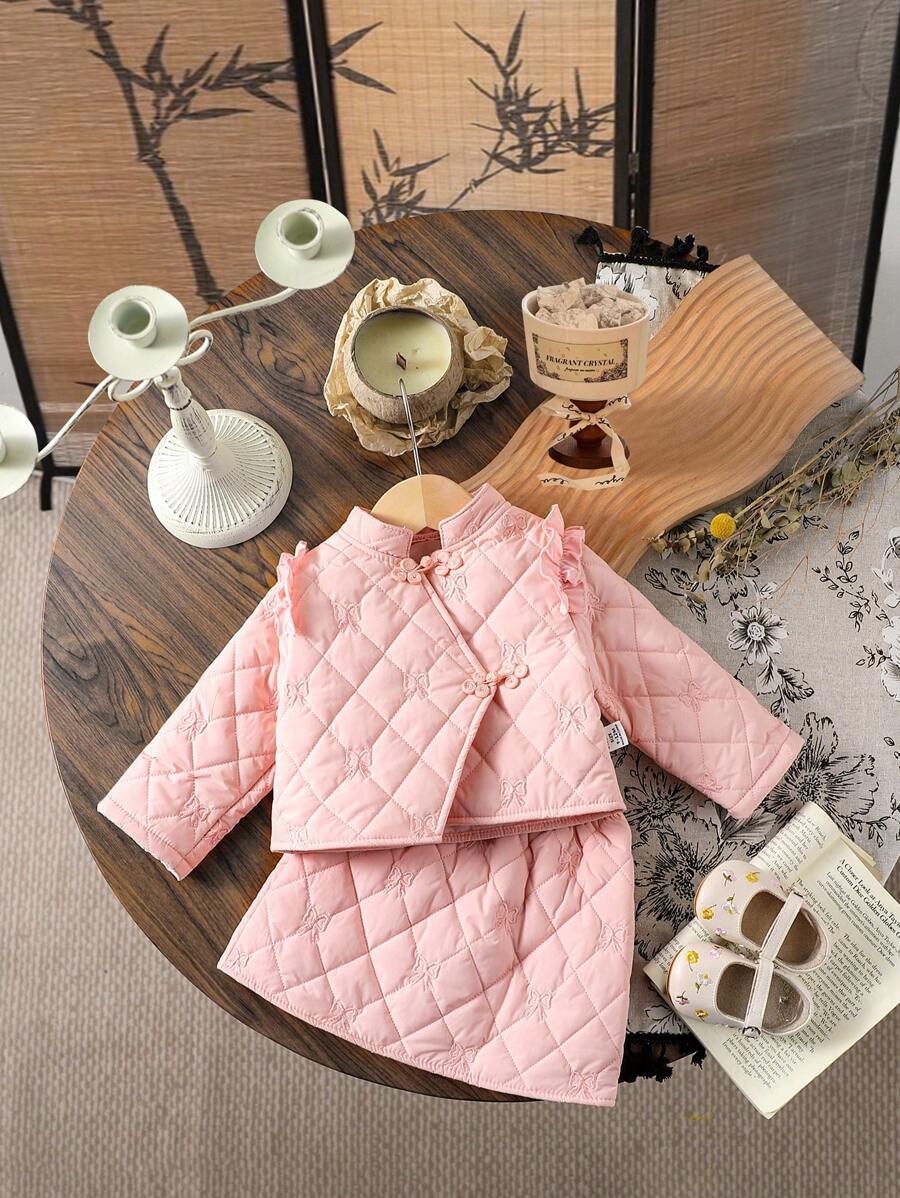 Baby Girls Warm Chinese Style Bow Quilted Embroidery Skirt Set, Autumn Winter - Pink - View 1