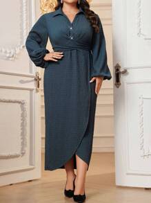 Modelyn Plus Size Casual Solid Color Lantern Sleeve Wrap Dress, Autumn - Blue - View 3