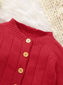 Baby Boy Solid Color Knitted Jumpsuit, Fall & Winter - Red - View 3