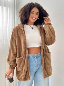 SHEIN EZwear 温暖蓬松连帽夹克，带可爱熊耳朵，加大码，秋冬 - 卡其色 - 查看 3