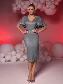 SHEIN Belle Elegant And Gorgeous Silver Glitter Elastic Powdered Woven Fabric Deep V-Neck Exaggerated Ruffle Sleeves Hip-Wrapped Back Slits Suitable For Evening Parties, Dating And Cocktail Dresses, Prom Semi Formal Dress, For Birthday, Wedding Guest, Graduation, Dinner, Homecoming - Silver - View 3