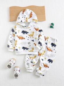 Cozy Pixies Baby Boy 2pcs Cartoon Dinosaur Print Hoodie Sweatshirt And Pants Clothes Set