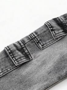 SHEIN Playful Pals 女婴时尚休闲洗水牛仔直筒短裤 - 深灰色 - 查看 4