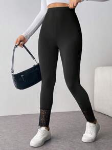 SHEIN Privé Quần legging lửng ren ôm sát dành cho nữ, kiểu dáng thanh lịch. - màu đen - Xem 6