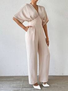 SHEIN Privé Deep V-Neck Ruched Waist Batwing Sleeve Elegant Office Jumpsuit