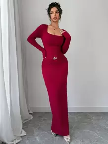 Firerie 女式勃艮第色方领花卉装饰金属环吊坠长袖长裙，长袖紧身连衣裙，初秋性感无袖低胸镂空连衣裙带金属纽扣装饰，适合约会、派对、度假、宴会、返校季的长裙。 - 酒紅色 - 查看 4