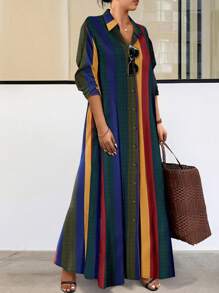 EMERY ROSE Große Größen Kleid mit Revers-Kragen, durchgeknöpft, Langarm, farbenfroher gestreifter, eleganter, lässiger Blume Muster, bodenlang, Damen Outfit