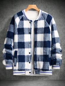 Manfinity Homme 男士纽扣式长袖时尚格子设计休闲男士夹克，秋冬男士夹克，男友礼物，珊瑚绒蓝色夹克 - 彩色 - 查看 1
