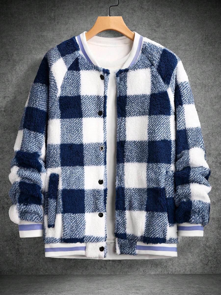 Manfinity Homme 男士纽扣式长袖时尚格子设计休闲男士夹克，秋冬男士夹克，男友礼物，珊瑚绒蓝色夹克 - 彩色 - 查看 1