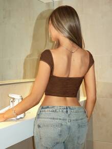 SHEIN BAE 音乐节蕾丝上衣、蕾丝背心、度假旅行短款上衣、可拆卸紧身胸衣上衣、
音乐会服装 - 棕色 - 查看 2